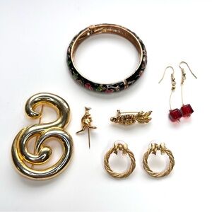 Gold & Red Jewelry Set Lot of 6 Bracelet Earrings Brooch Pin